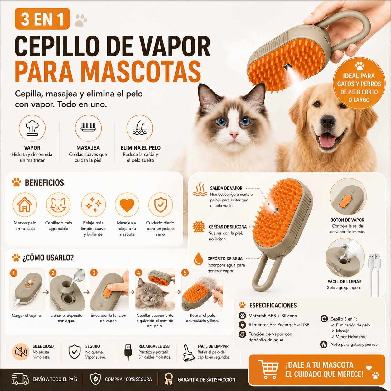 Cepillo de Vapor 3 en 1 para Mascotas